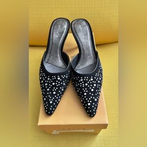 Preowned Unisa black with clear stones pointed backless heels size 8
